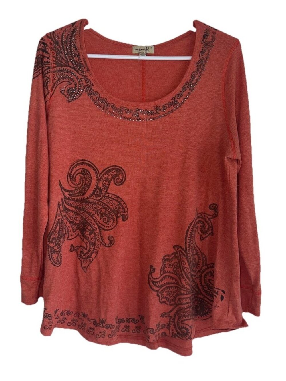 One World Waffle Knit Long Sleeve Top Plus 1X Orange Bling Y2K Boho